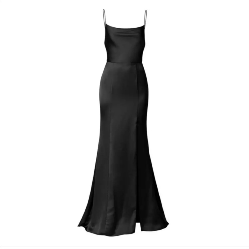Amsale Black Satin Spaghetti-Strap Evening Gown